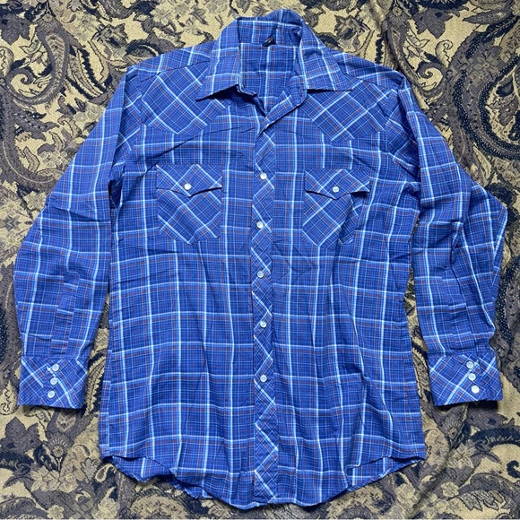 Other - Vtg 80s Hi Gear‎ Shirt Pearl Snap Blue Plaid Cowboy Western Mens Size L